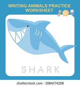 Illustration of writing animals practice worksheet. Educational printable worksheet. Exercises lettering game for kids. Vector illustration.