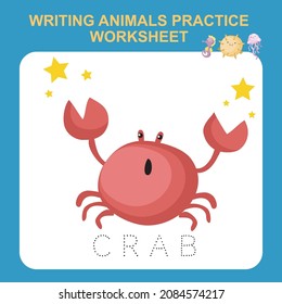Illustration of writing animals practice worksheet. Educational printable worksheet. Exercises lettering game for kids. Vector illustration.