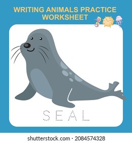Illustration of writing animals practice worksheet. Educational printable worksheet. Exercises lettering game for kids. Vector illustration.