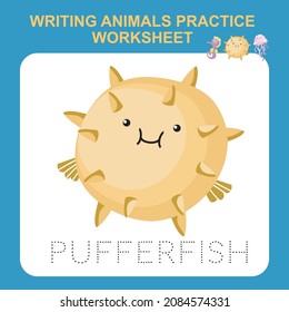 Ilustración de la escritura de animales práctica hoja de cálculo. Hoja de cálculo imprimible educativa. Ejerce el juego de cartas para los niños. Ilustración vectorial.