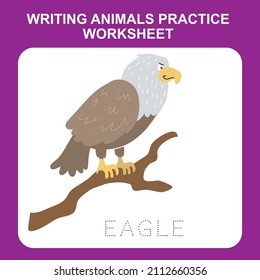 Illustration of writing animals practice worksheet. Educational printable worksheet. Exercises lettering game for kids. Vector illustration.