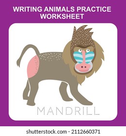 Illustration of writing animals practice worksheet. Educational printable worksheet. Exercises lettering game for kids. Vector illustration.