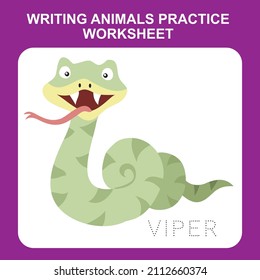Ilustración de la escritura de animales práctica hoja de cálculo. Hoja de cálculo imprimible educativa. Ejerce el juego de cartas para los niños. Ilustración vectorial.