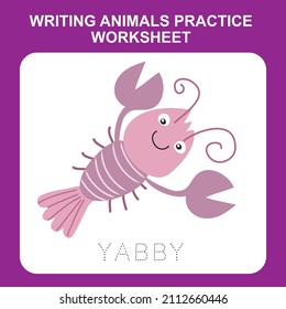 Illustration of writing animals practice worksheet. Educational printable worksheet. Exercises lettering game for kids. Vector illustration.