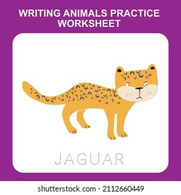 Illustration of writing animals practice worksheet. Educational printable worksheet. Exercises lettering game for kids. Vector illustration.