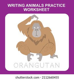 Illustration of writing animals practice worksheet. Educational printable worksheet. Exercises lettering game for kids. Vector illustration.