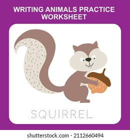 Illustration of writing animals practice worksheet. Educational printable worksheet. Exercises lettering game for kids. Vector illustration.