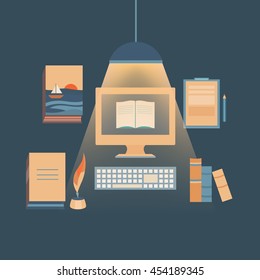 Illustration writing books and copywriting. Set of vector objects: computer, books, feather tool and pencil. Template for design. Background for banners, invitations, web pages, covers, posters.