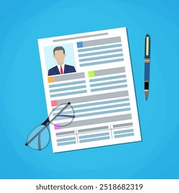 Illustration Writing a Business CV Resume Concept, ícone plano de documento, caneta, óculos. Conceito de gerenciamento de recursos humanos. ilustração vetorial em design plano