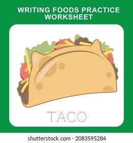 Illustration of writing food practice worksheet. Educational printable worksheet. Exercises lettering game for kids. Vector illustration.
