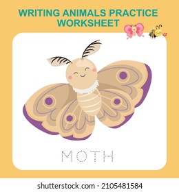 Illustration of writing insect practice worksheet. Educational printable worksheet. Exercises lettering game for kids. Vector illustration.