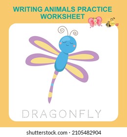 Illustration of writing insect practice worksheet. Educational printable worksheet. Exercises lettering game for kids. Vector illustration.