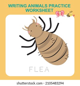 Ilustración de la escritura de la hoja de cálculo práctica de insectos. Hoja de cálculo imprimible educativa. Ejerce el juego de cartas para los niños. Ilustración vectorial.
