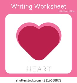 Illustration of writing practice worksheet with valentine theme. Educational printable worksheet. Exercises lettering game for kids. Vector illustration.