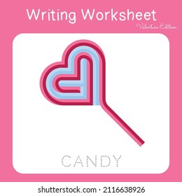 Illustration of writing practice worksheet with valentine theme. Educational printable worksheet. Exercises lettering game for kids. Vector illustration.