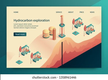 Illustration is Written Hydrocarbon Exploration. Exploration Oil Fields, Assessment Industrial Value Oil Fields. Discovered Asresult Geological Prospecting, Preparation Deposit for Development.