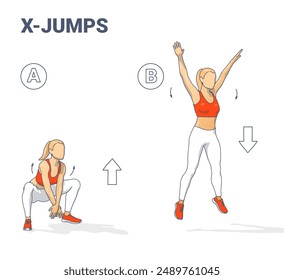 Illustration of X-Jumps exercise: Step A shows the squat position, Step B the jump with arms extended. Perfect for fitness guides, workout routines, home exercises, HIIT, and strength training.