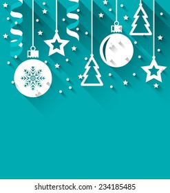 Illustration Xmas background with fir, balls, stars, streamer, trendy flat style - vector