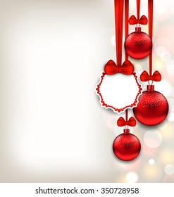 Illustration Xmas Glitter Background with Celebration Card and Red Glass Balls with Bows Ribbon - Vector