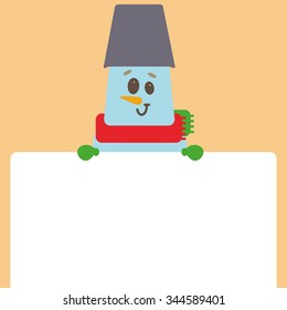 Illustration Xmas and new year vector background with smiling snowman and empty space for your text, trendy flat style 