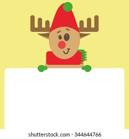 Illustration Xmas and new year vector background with smiling red-nose reindeer and empty space for your text, trendy flat style 