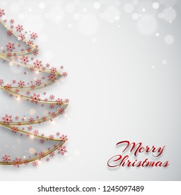 Ilustración de árbol de Navidad hecho por copos de nieve rojos en fondo blanco de bokeh para el diseño de tarjetas de felicitación de Feliz Navidad.
