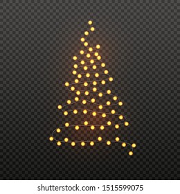 Illustration of xmas tree made by lighting garland on black transparent background. Can be used as poster design for Christmas.