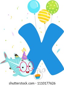 Illustration Of An Xray Fish With A Birthday Hat, Balloons, Cupcake And Letter X