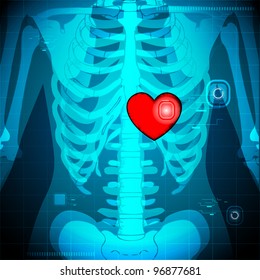 ilustración de xray del corazón brillante del ser humano detrás de la costilla