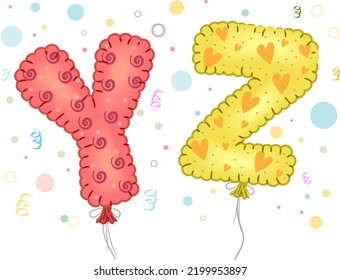 Illustration Of Y Z Letters Mylar Balloons Floating With Confetti