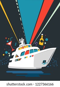 Illustration of a Yacht Party Poster Design with Lights Beaming and Drinks Elements