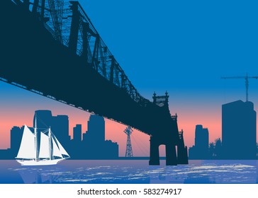 illustration with yacht under large blue bridge