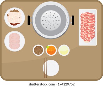 Illustration of yakiniku meal set with three sauce.Contain gradient effect.