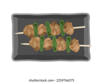 An illustration of yakitori pickled in a sauce with shishito peppers on a plate.