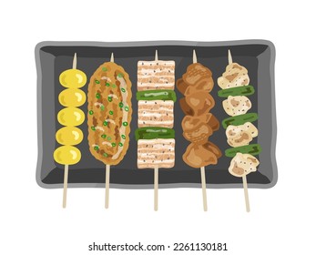 An illustration of a yakitori set served on a plate.