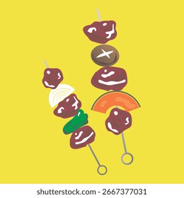 An illustration of yakitori and vegetables on skewers