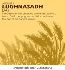 Illustration In The Yard Of Dense Wheat Plants With Bold Text And Sentences On Light Brown Background, Lughnasadh August 1