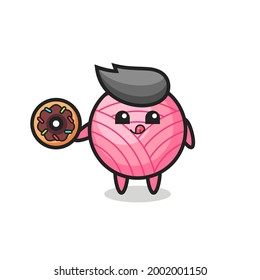 illustration of an yarn ball character eating a doughnut , cute style design for t shirt, sticker, logo element