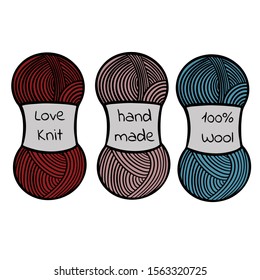 Illustration  of yarn ball . For crocheting and knitting print, icons, logo, creative design. Isolated on white. Love knit. Hand made.100% wool. Vector version.