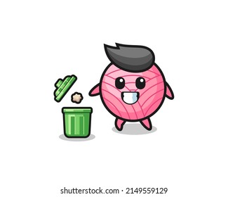illustration of the yarn ball throwing garbage in the trash can , cute design