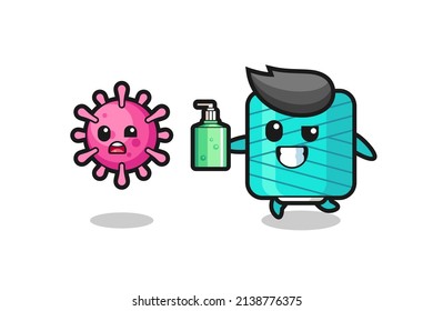illustration of yarn spool character chasing evil virus with hand sanitizer , cute style design for t shirt, sticker, logo element