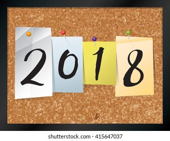 An illustration of the year "2018" written on pieces of colored paper pinned to a cork bulletin board. Vector EPS 10 available.