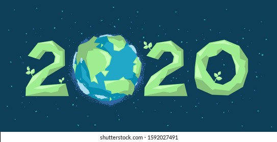 Illustration of Year 2020 with Earth and Plants for Greening Projects