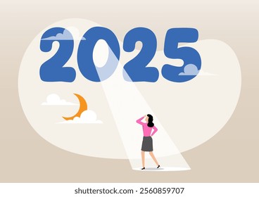 An illustration of Year 2025 with bright spotlight from number zero light up on hopeful businesswoman. Bright future on economic recovery, hope or motivation to overcome difficulty concept