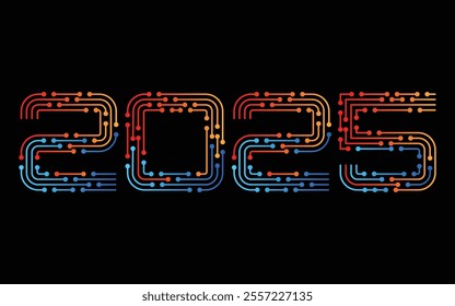 Illustration of the year 2025 in colorful circuit-style designs