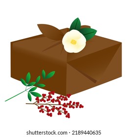 Illustration Of A Year-end Gift Wrapped In A Furoshiki Cloth With Nanten And Camellia. Vector Illustration On White Background.