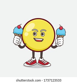 An illustration of Yellow Ball Emoticon cartoon mascot character eating two ice cream