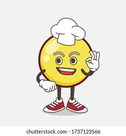 Ein Beispiel für die Figur des Yellow Ball Emoticon-Maskottchens in einem Kleider und einem weißen Hut