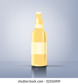 An illustration of an yellow beer bottle with label and reflexions