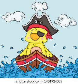 Illustration with yellow bird pirate in boat
